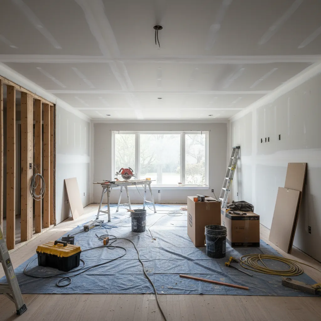 partially renovated living room showing tools dust and unfinished walls