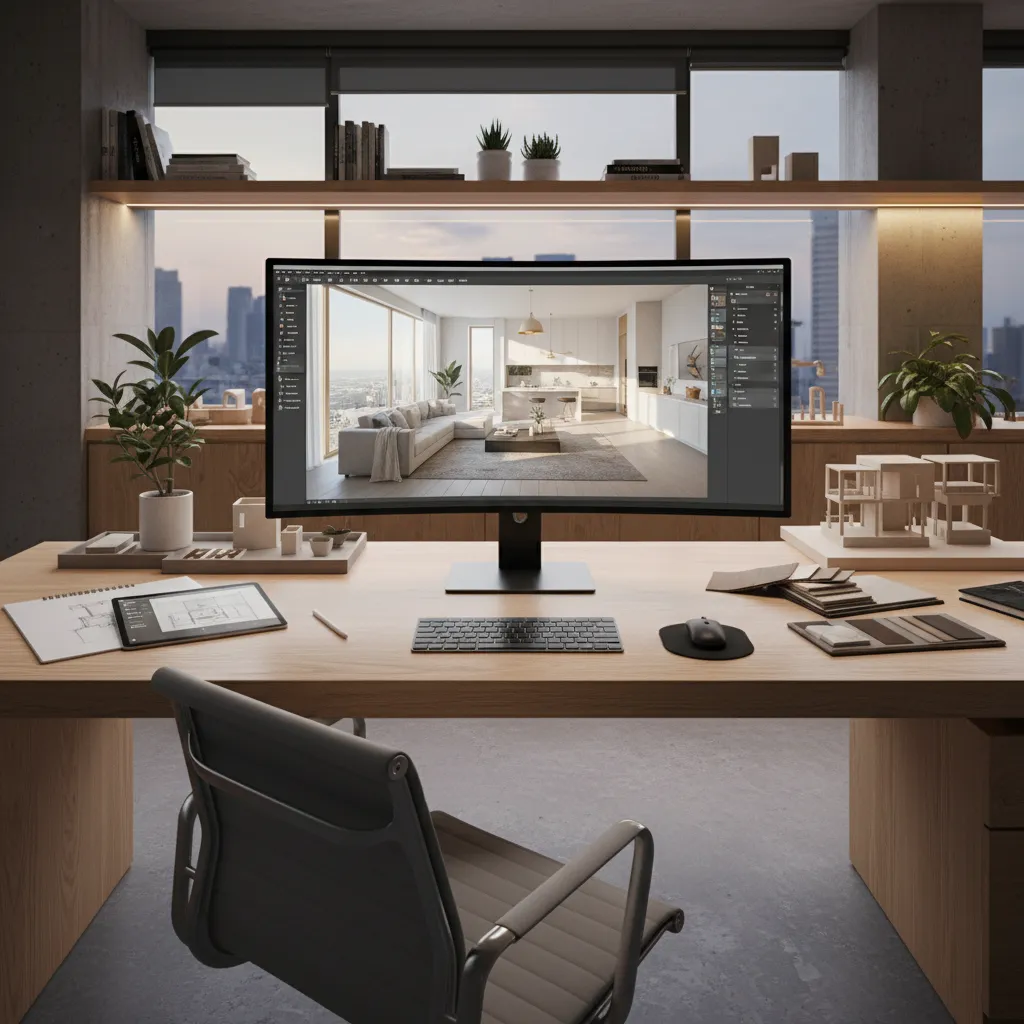 3D home renovation layout visualization on computer screen