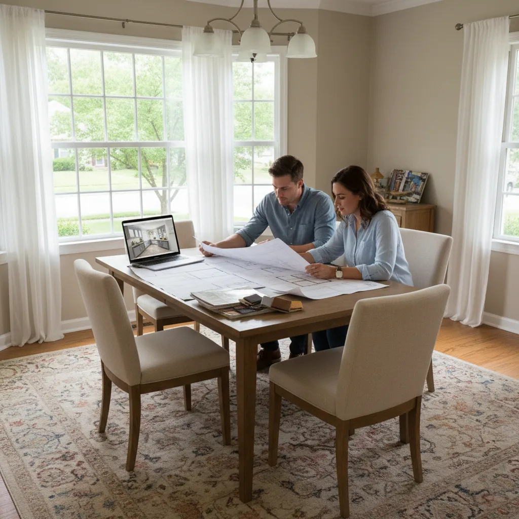 Homeowners reviewing renovation plans while researching home repair grants