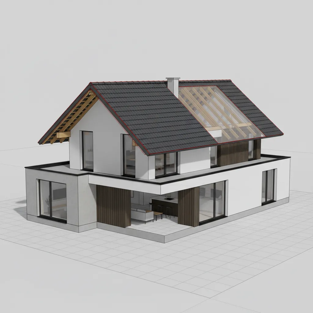 3D house model showing roof structure planning