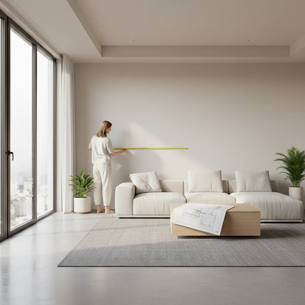 Person measuring a living room with tape measure while planning furniture layout