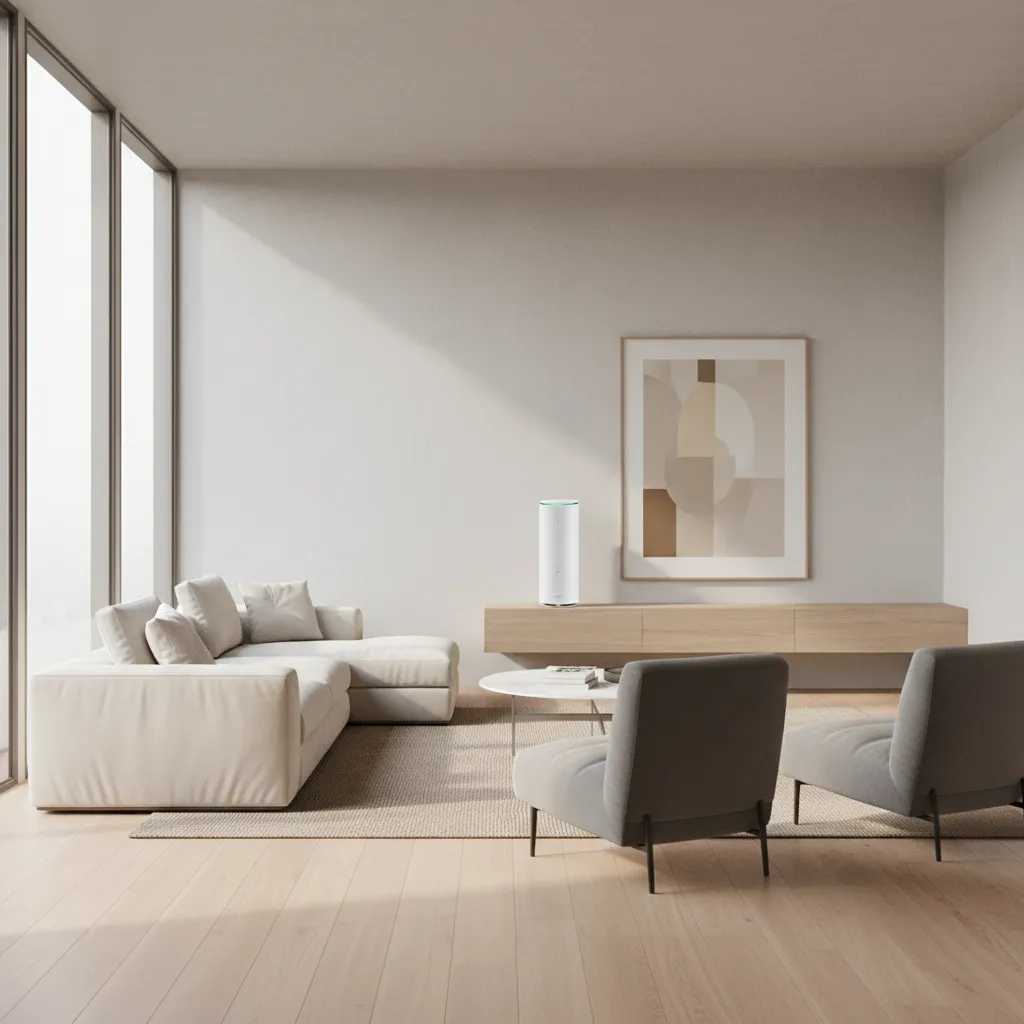 WiFi router placed on a central shelf in a living room for balanced signal coverage