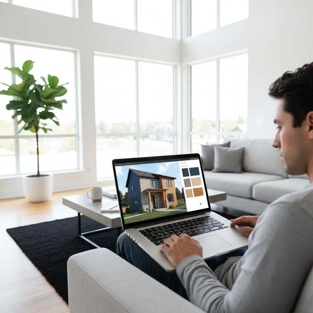 homeowner using laptop to test siding colors on house exterior visualizer