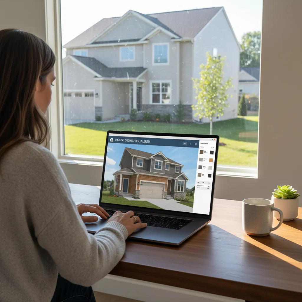 Homeowner viewing siding visualizer on laptop while looking at house exterior