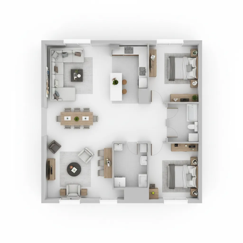 Home interior layout planning with furniture arrangement diagram
