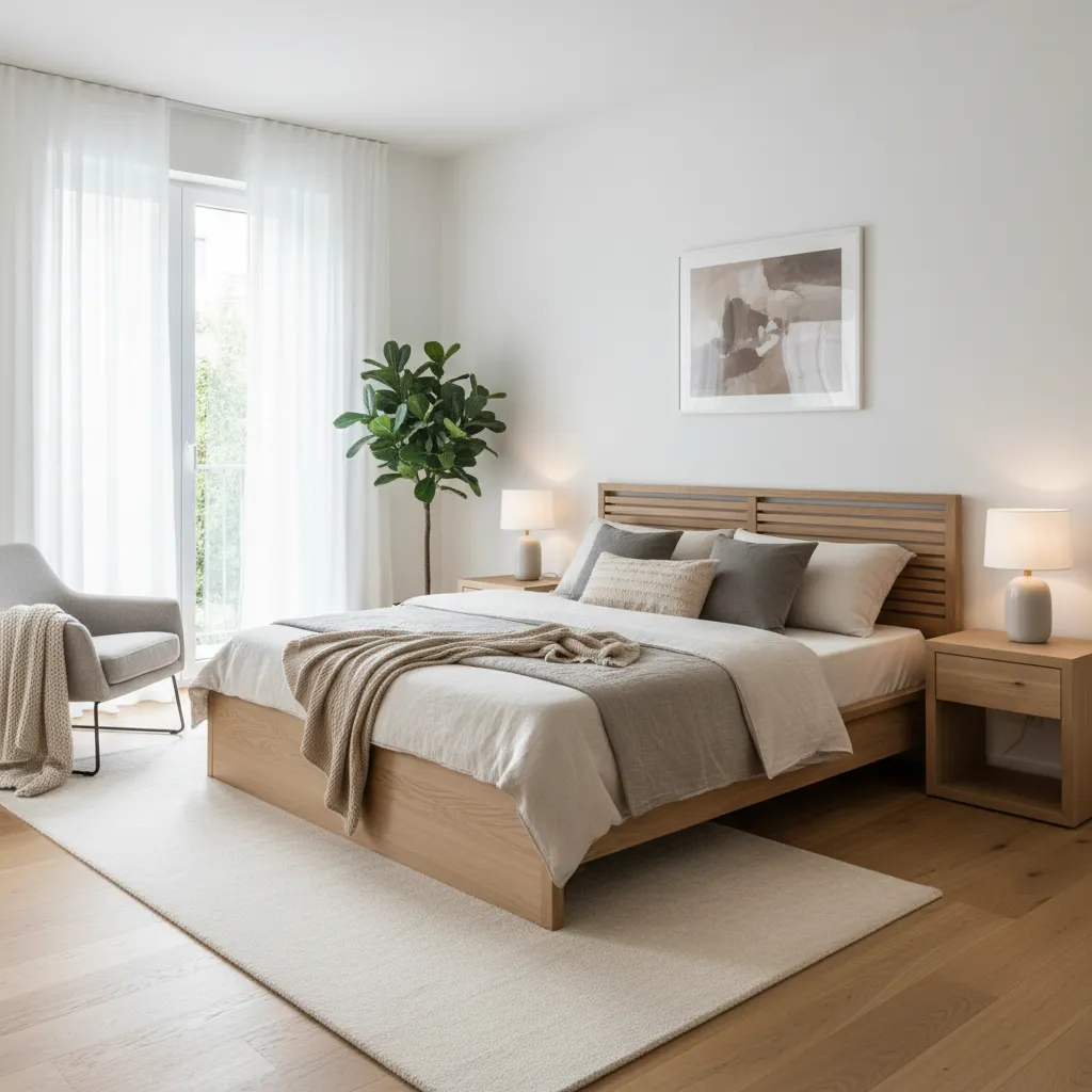 Dormitorio preparado para home staging con textiles neutros