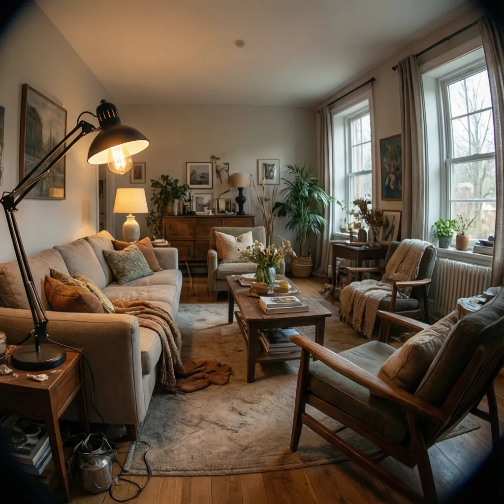 Staged living room using clip-on bulb shade for soft ambient lighting