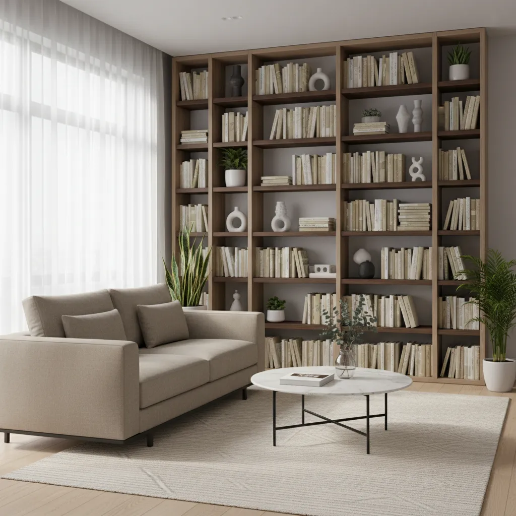 Fake bookshelf styled in a staged living room interior