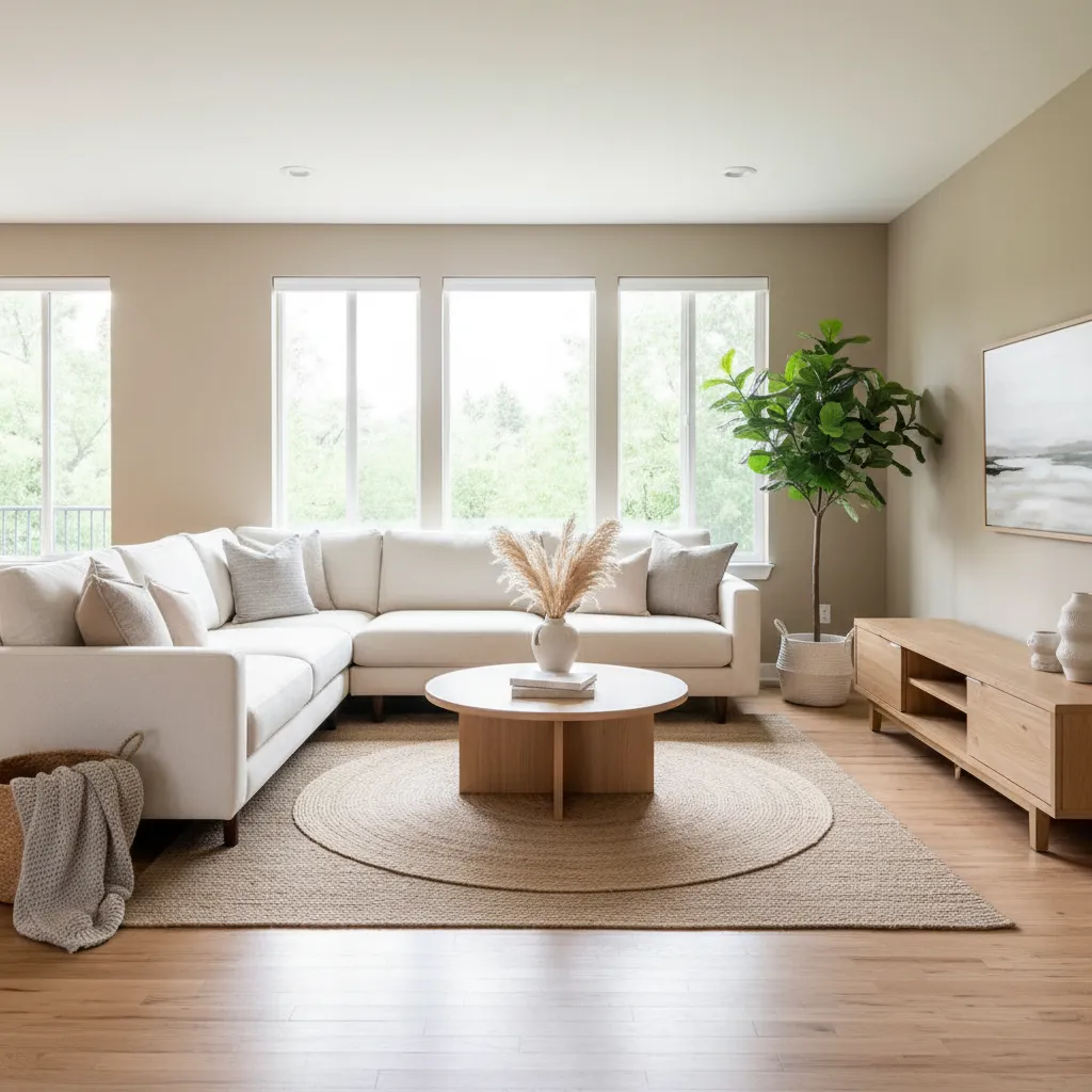 Salón preparado con home staging para venta inmobiliaria