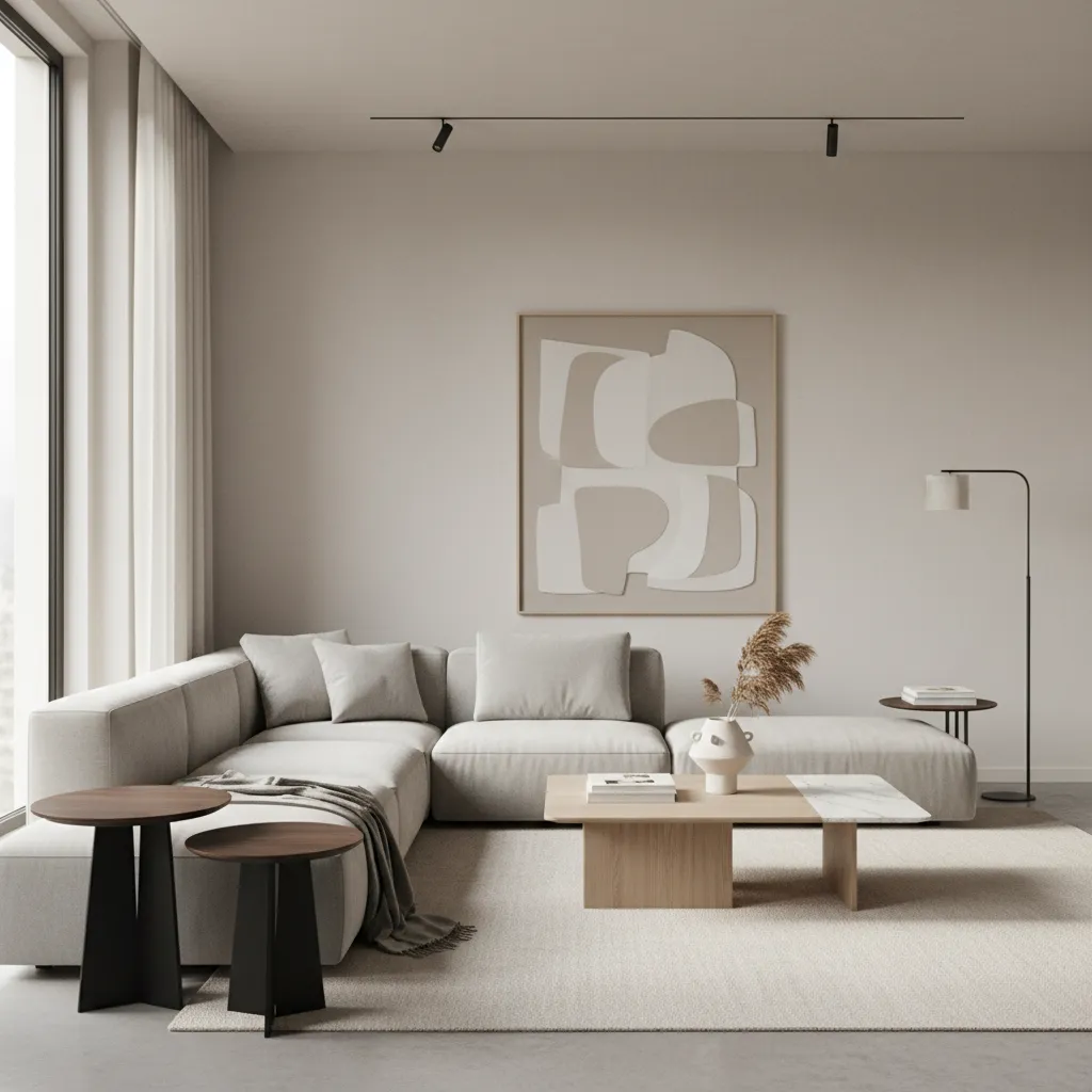 Sala de estar preparada con decoración neutral para sesión de fotos inmobiliaria