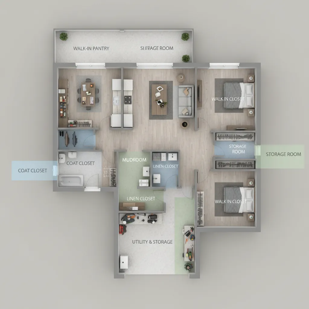 3D house floor plan highlighting storage spaces like pantry closets and mudroom