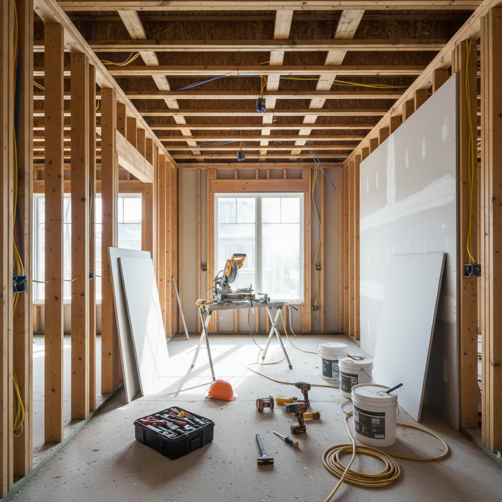 home interior under renovation showing exposed framing and structural work