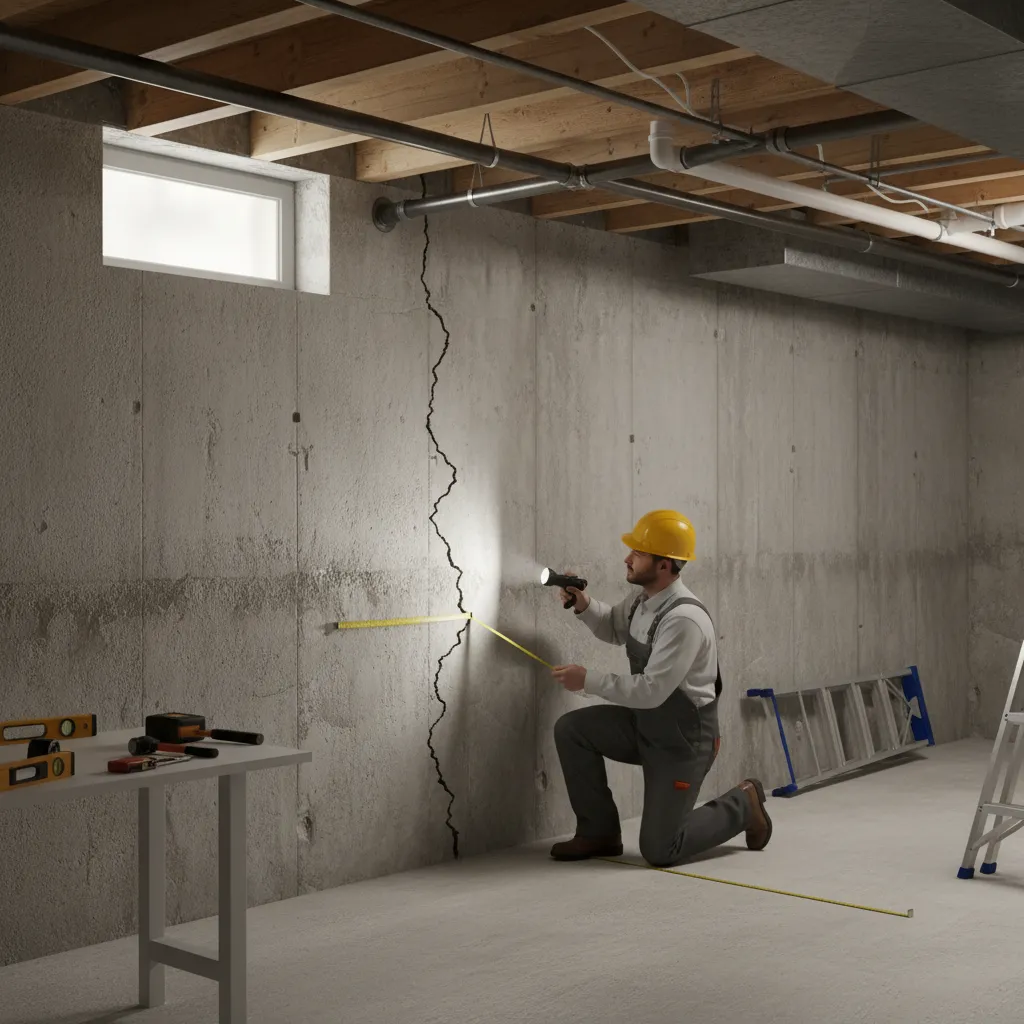 Inspector examining foundation cracks in a residential property