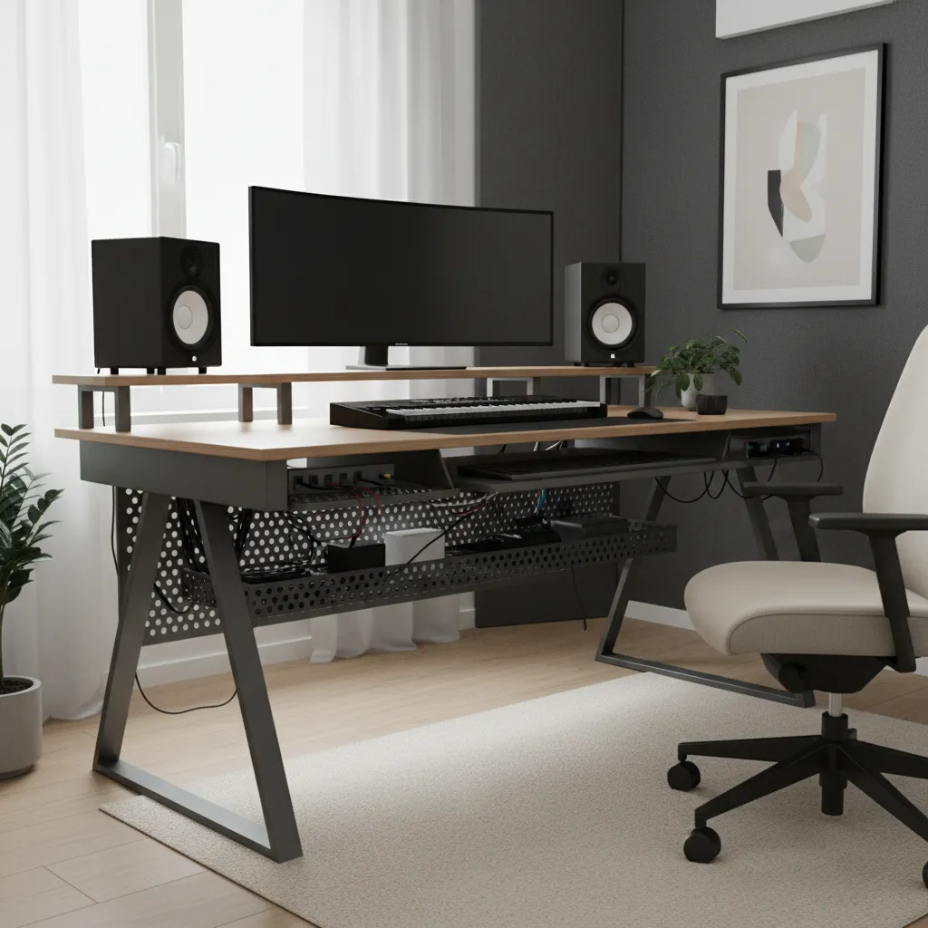 Under desk cable management setup in a home music studio