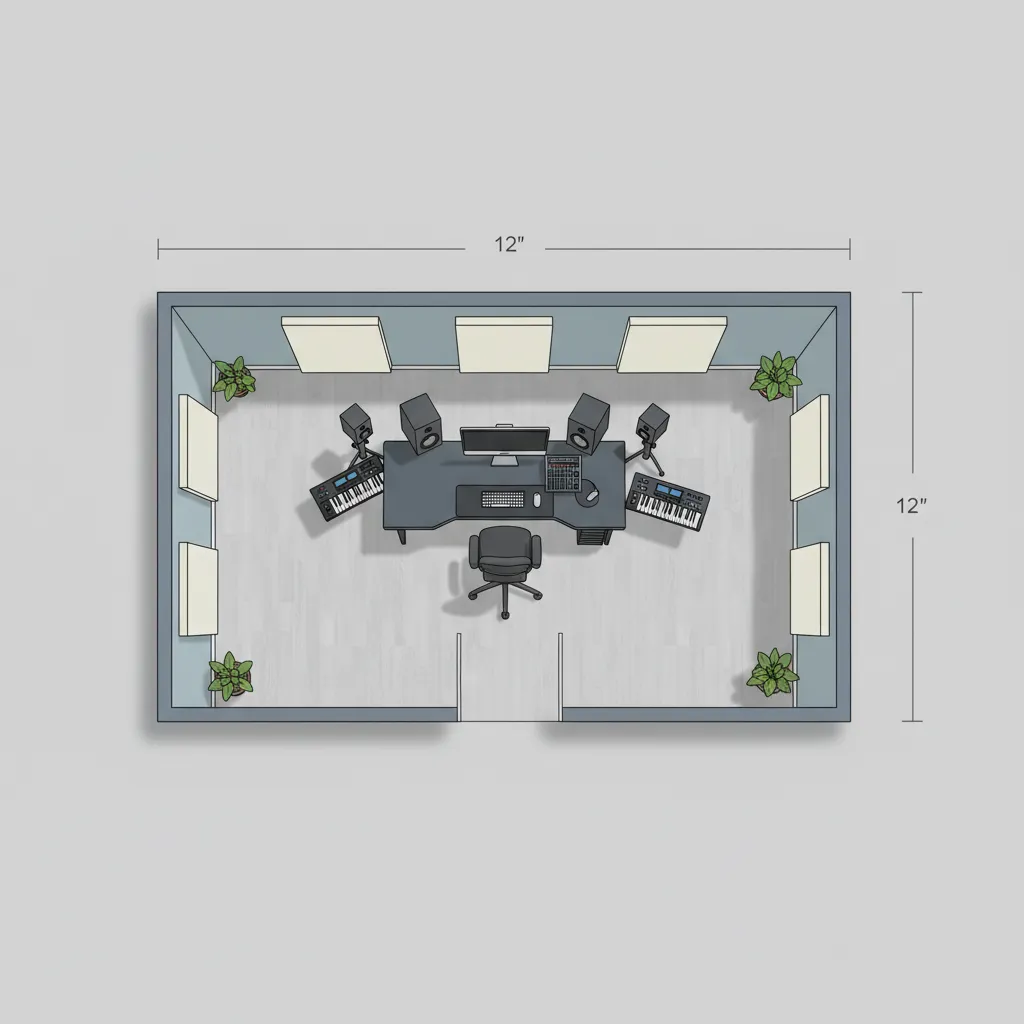 simple home recording studio floor plan with desk speakers and acoustic panels