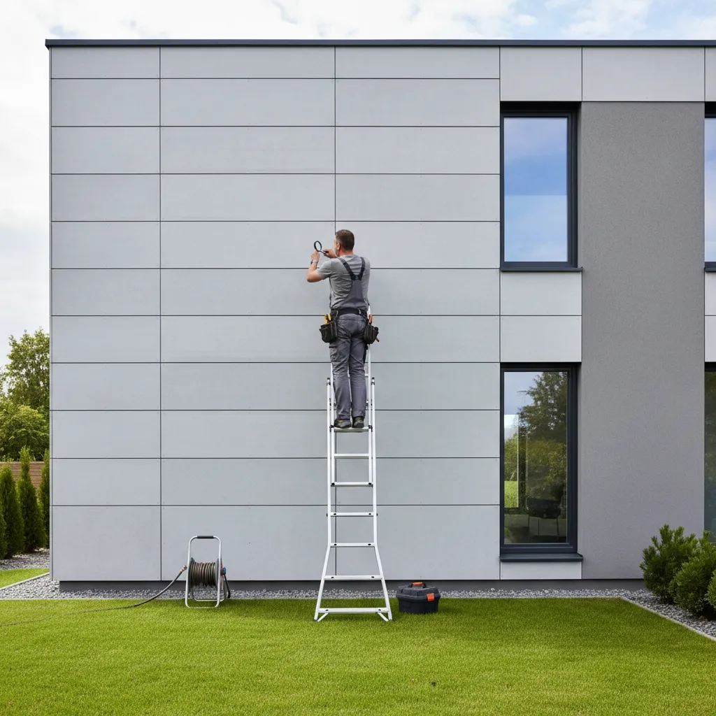 Homeowner inspecting exterior wall and sealing joints for maintenance