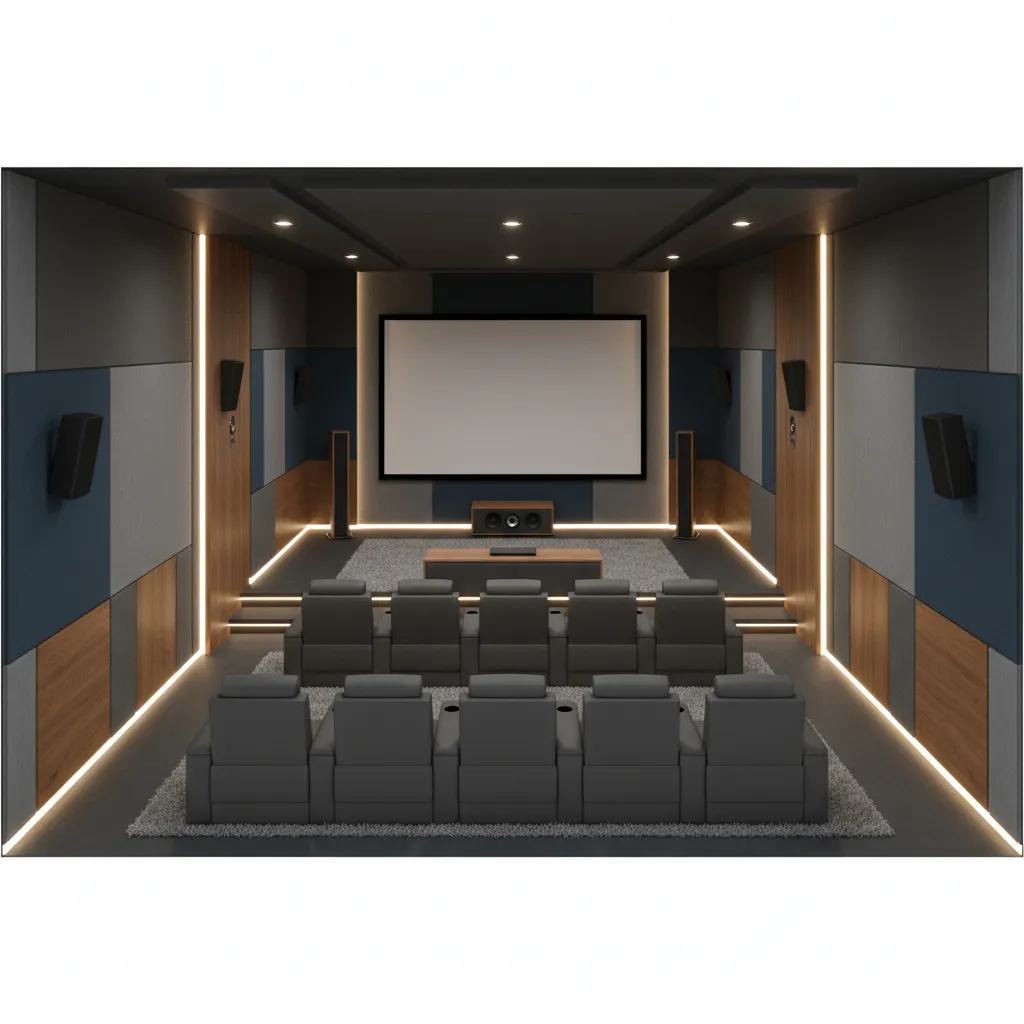 Visualización 3D del diseño de una sala de cine doméstica