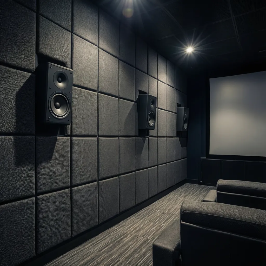Paneles acústicos instalados en las paredes de una sala de cine doméstica