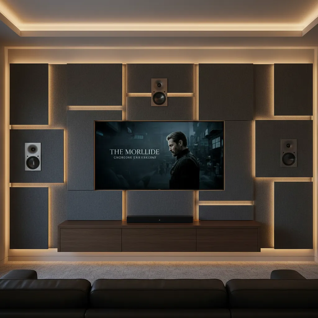Paneles acústicos instalados en una sala de cine en casa