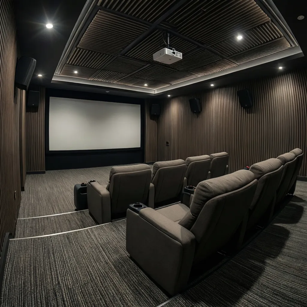 home theater room with carpet flooring and wall acoustic panels for balanced sound