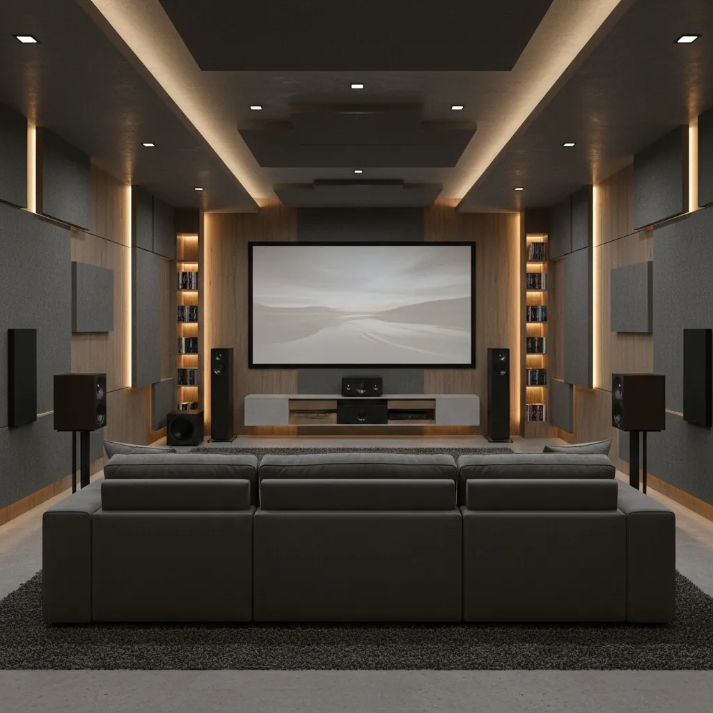 Home entertainment room speaker layout with surround sound setup