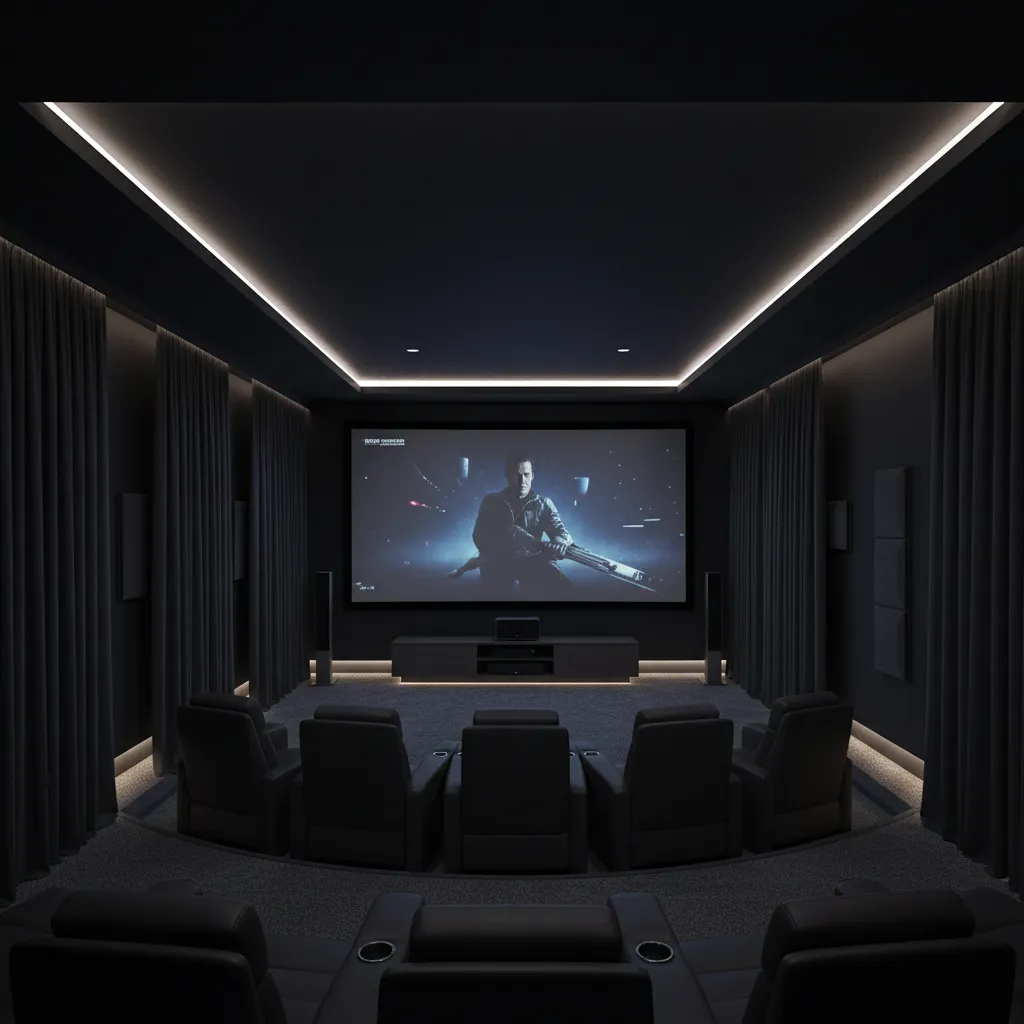 Home theater room with blackout curtains and large projection screen