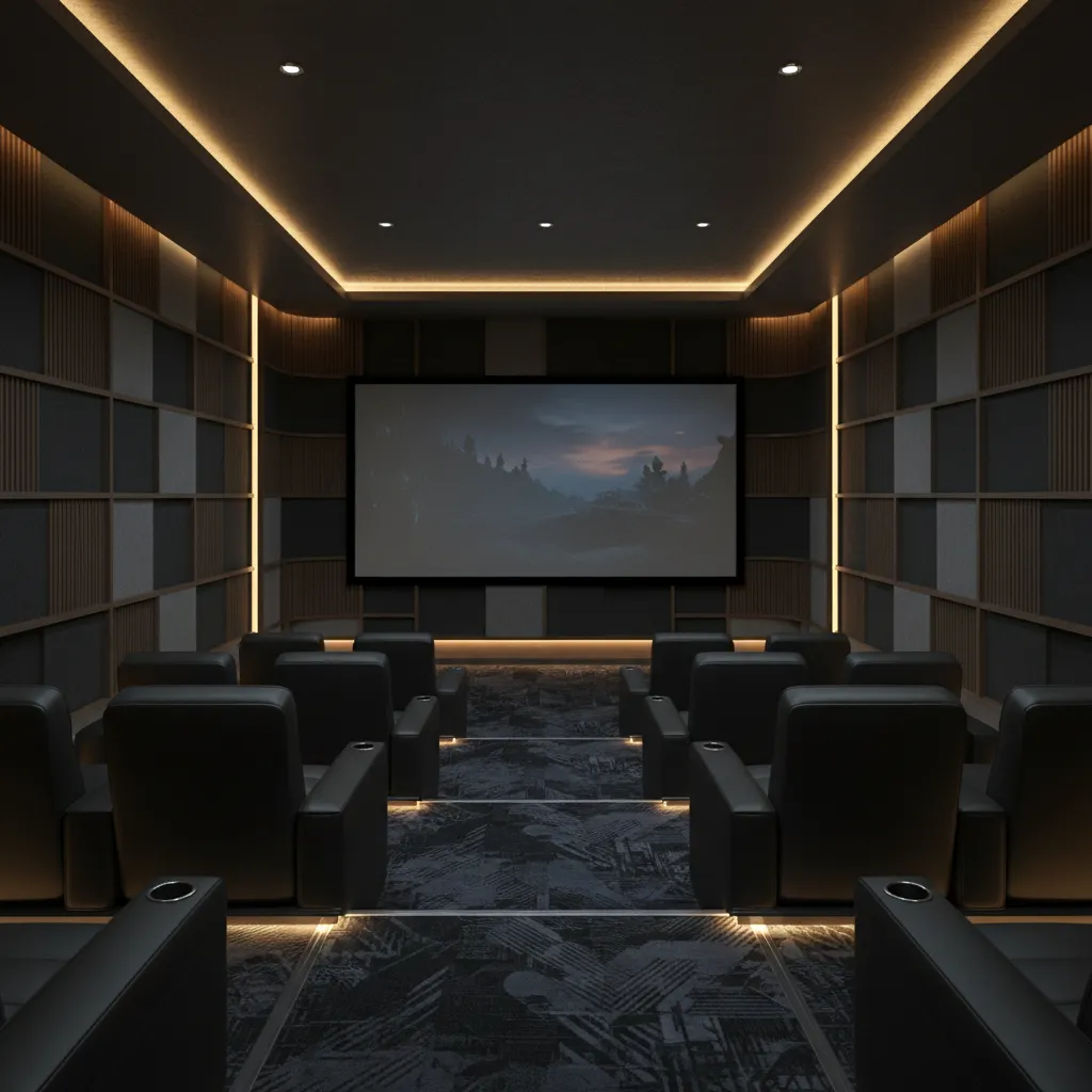 Home theater room with dark patterned carpet and acoustic seating layout
