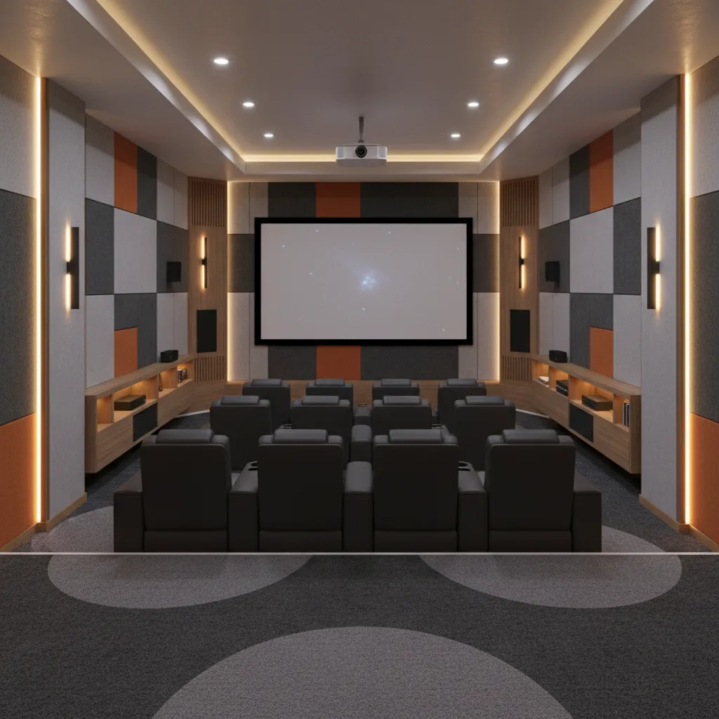 home theater floor plan and acoustic carpet layout concept