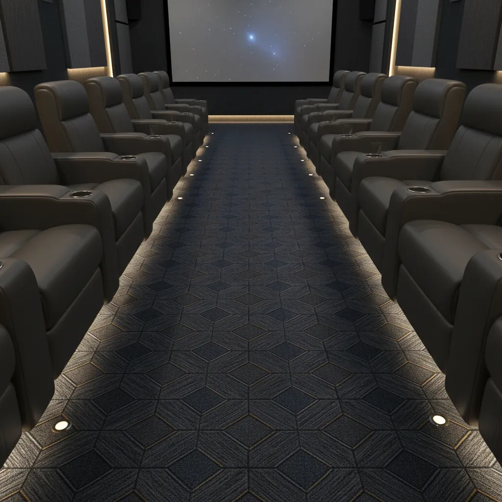 close view of low pile carpet in home theater seating aisle