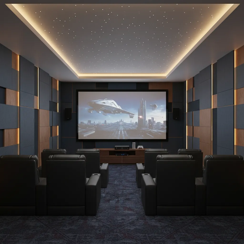 home theater room with carpet flooring absorbing sound reflections