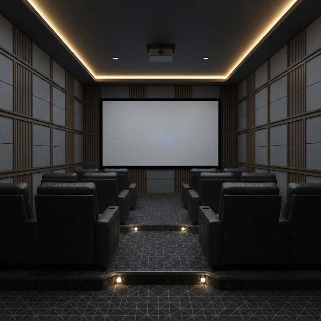 Dedicated home theater with dark acoustic carpet and tiered seating layout