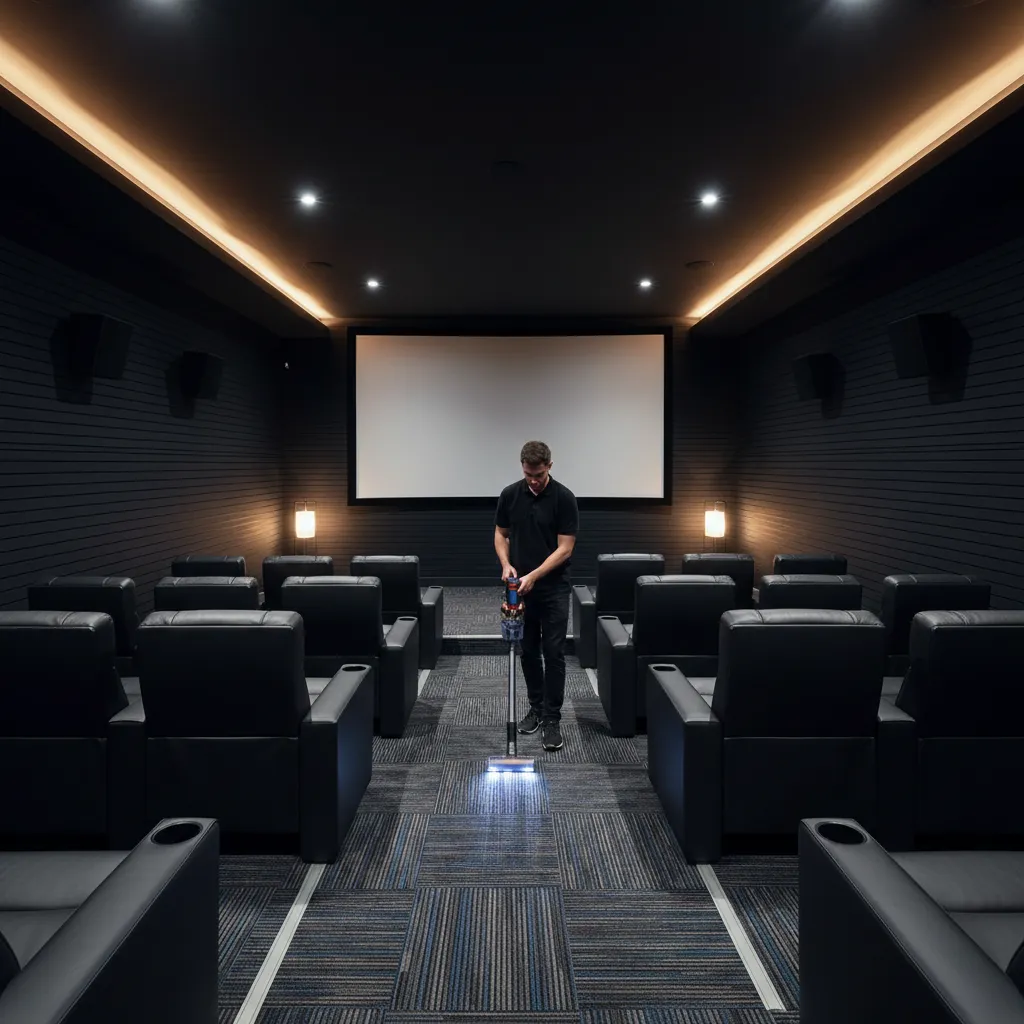 vacuum cleaning carpet in modern home theater room
