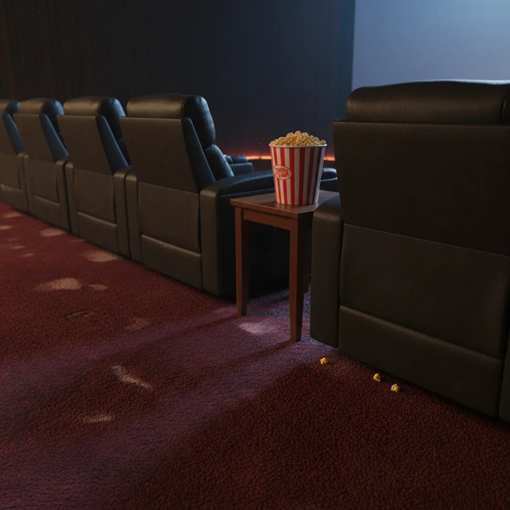 Stained carpet area near recliner seating in a home theater