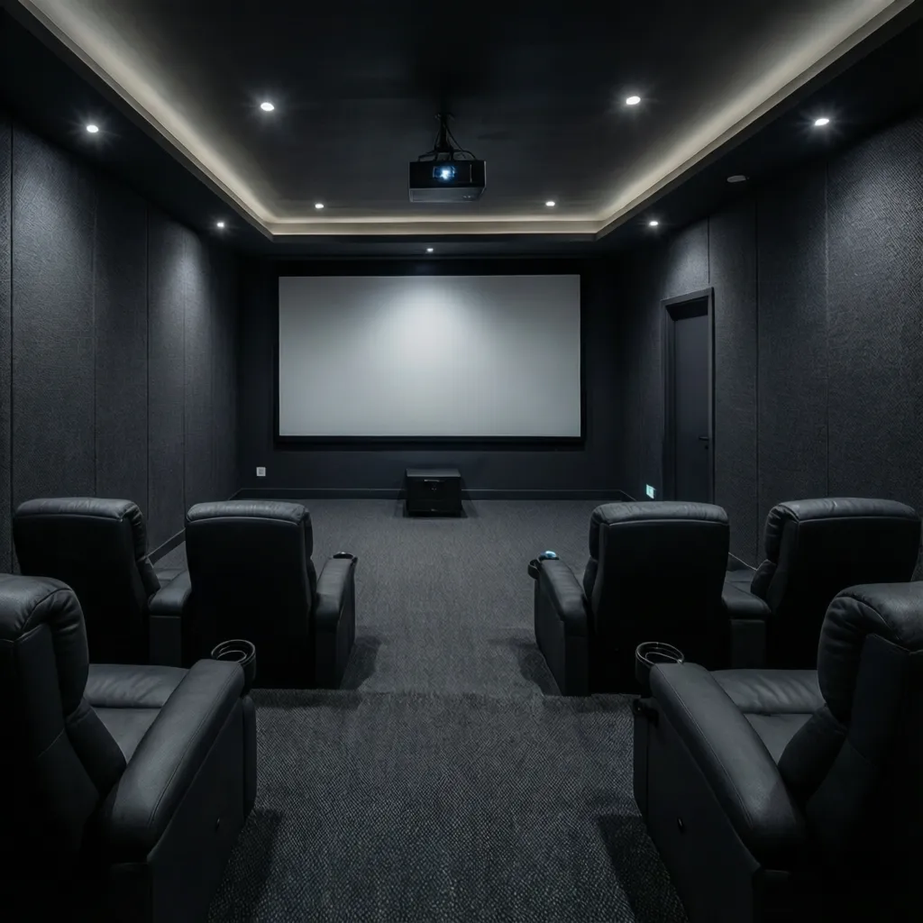 dark wall to wall carpet in a dedicated home theater room with recliner seating