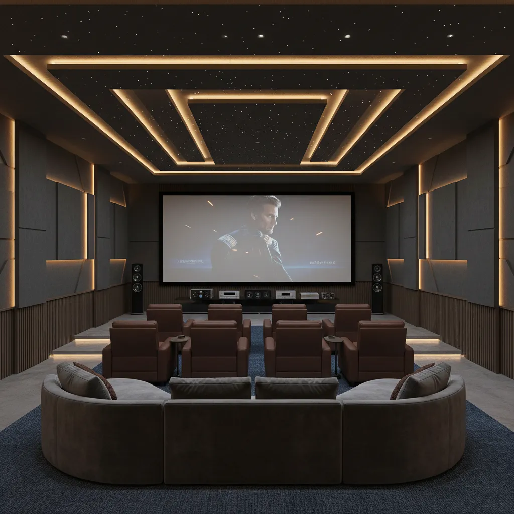 Modern home theater with leather seats, large screen, starry ceiling lights, and grey wall panels