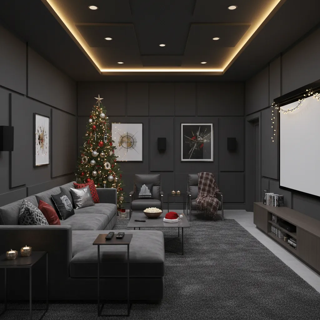 Home theater decorated with Die Hard themed Christmas decorations