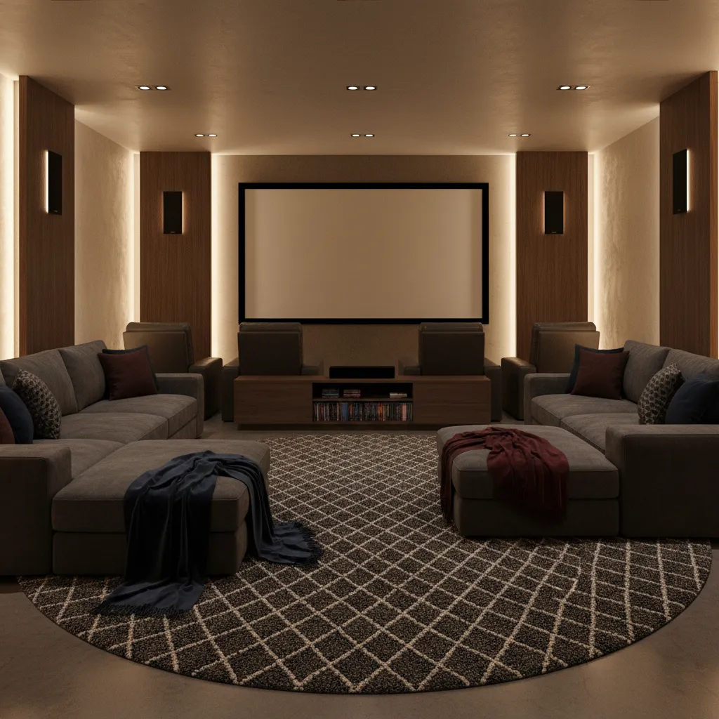 Warm home theater with large white screen, grey sofas, round patterned rug, and wall lights