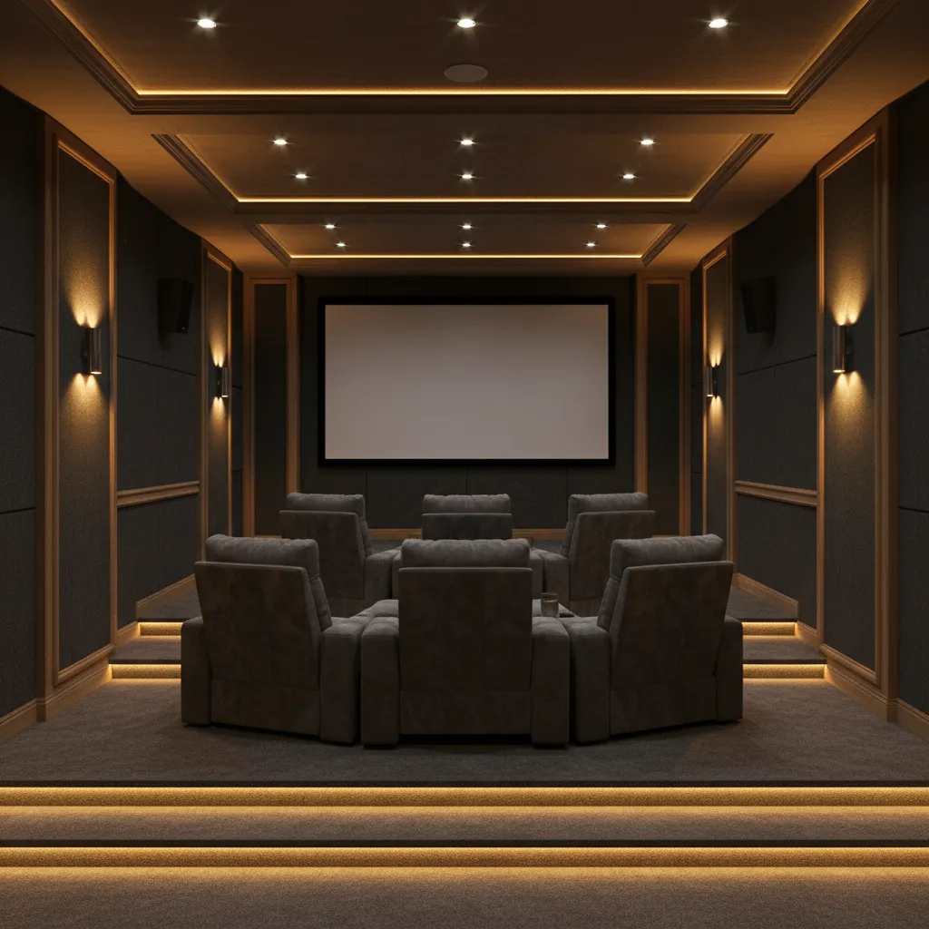 Home theater room with dimmable recessed lights and wall sconces