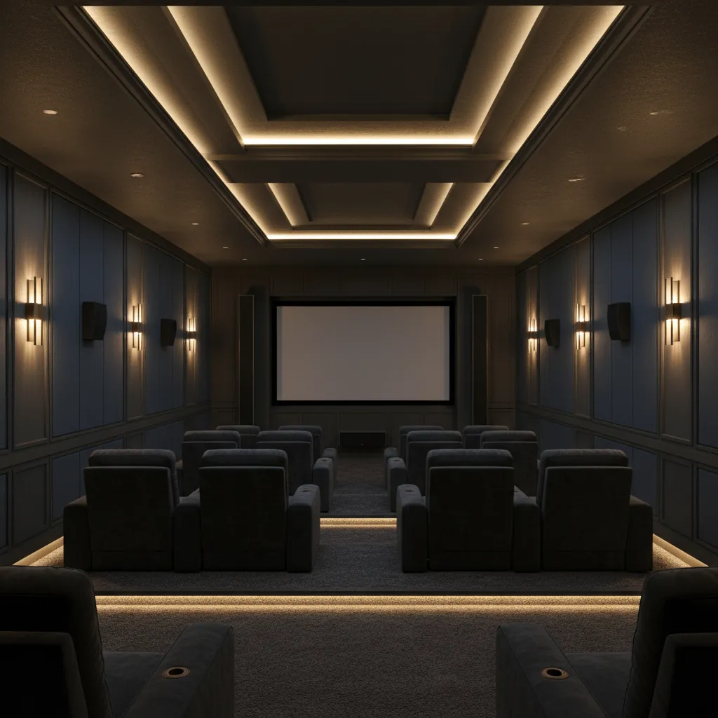 LED cove lighting and wall sconces in a luxury home theater