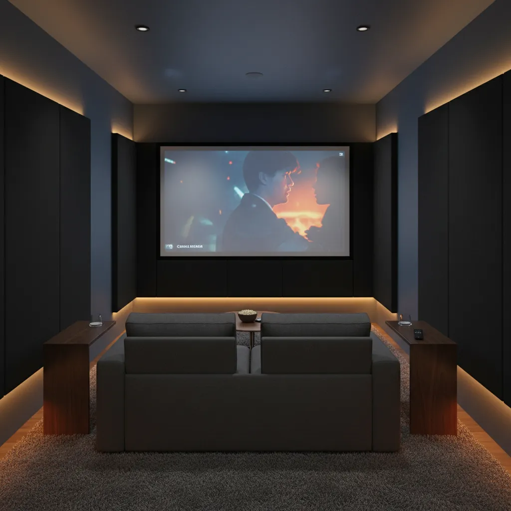 Loveseat theater seating used in a compact home theater room