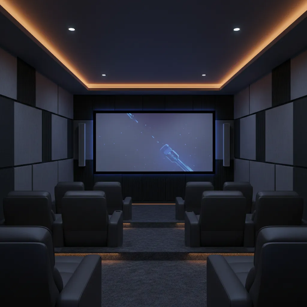3D visualization of a modern home theater room with seating rows and projector screen