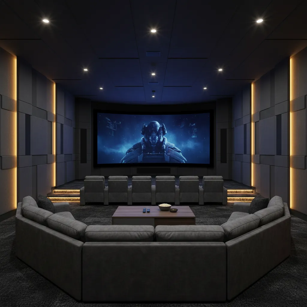 Luxury home theater room with curved screen, grey sectional sofa, and wall panel with lights