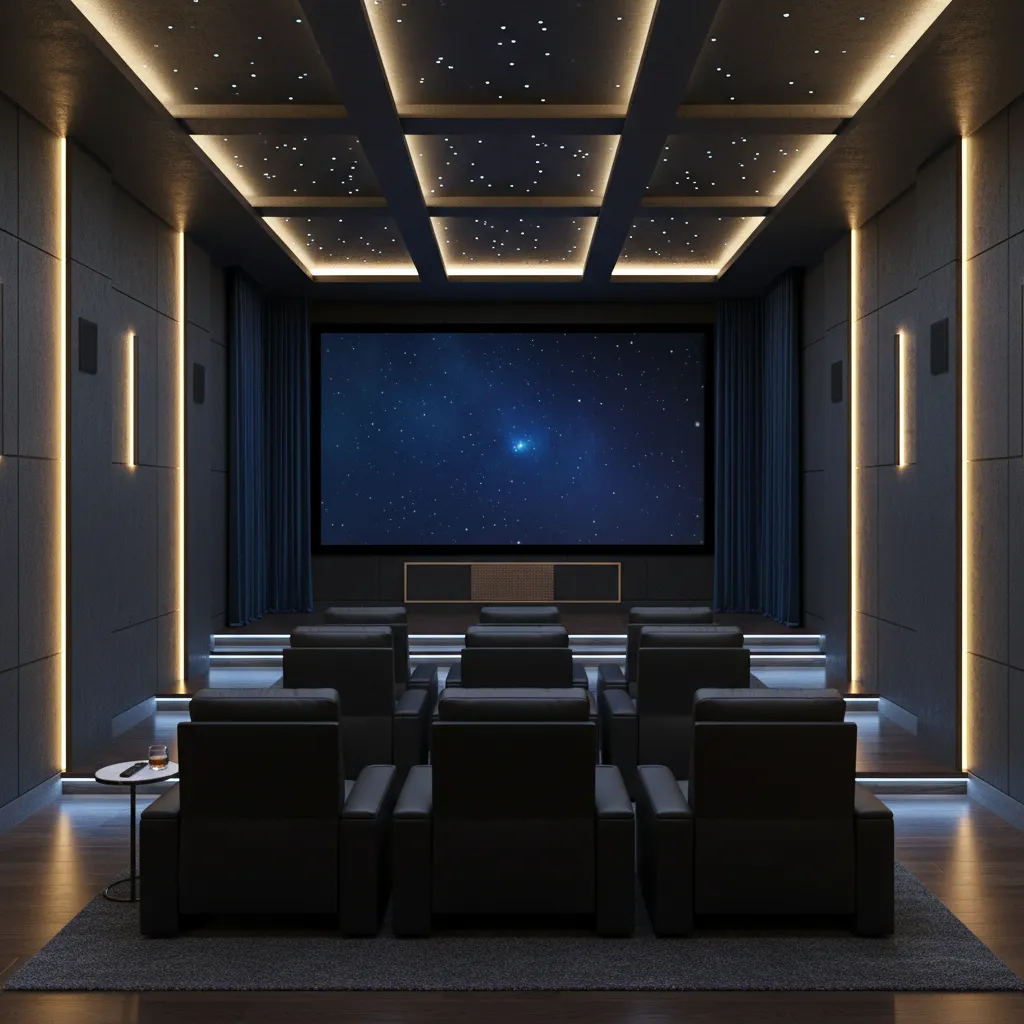 Modern residential home theater with large screen and recliner seating