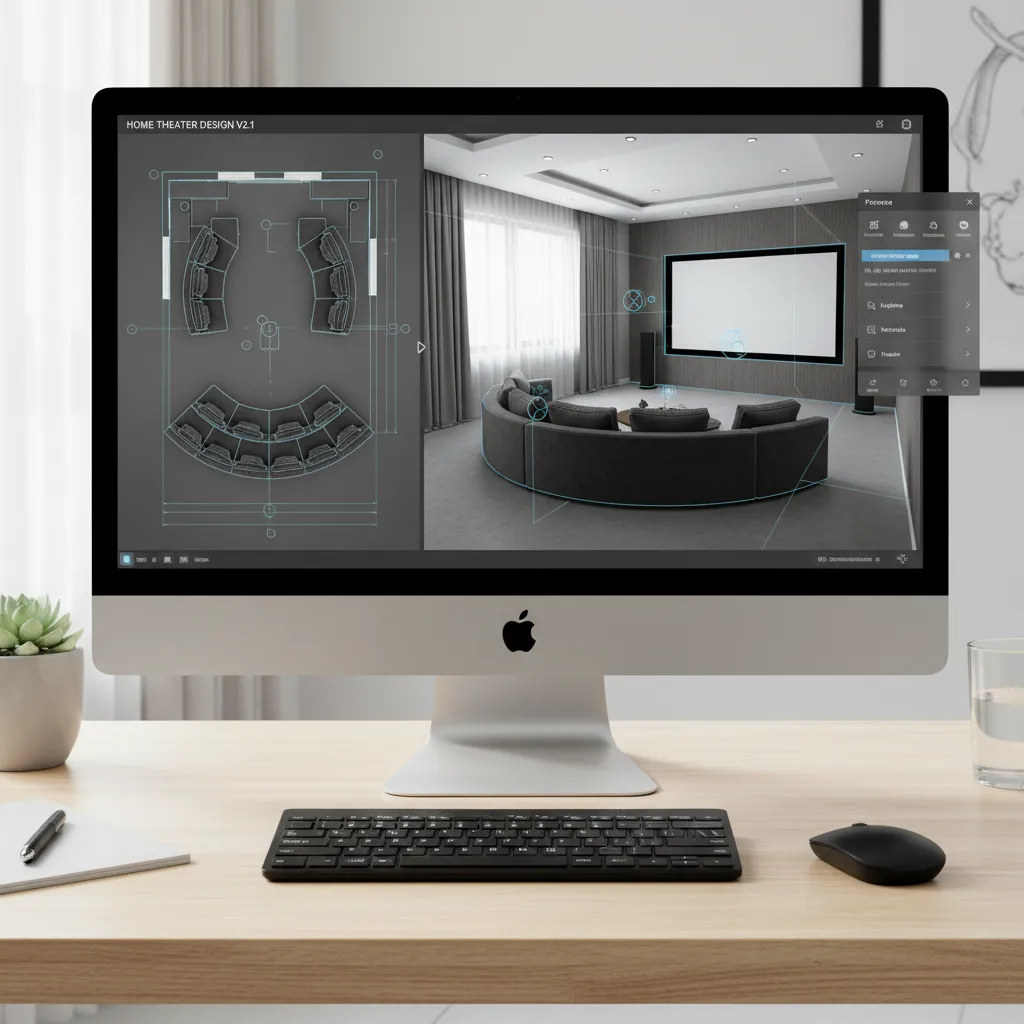 Digital room planning interface showing a home theater seating and screen layout