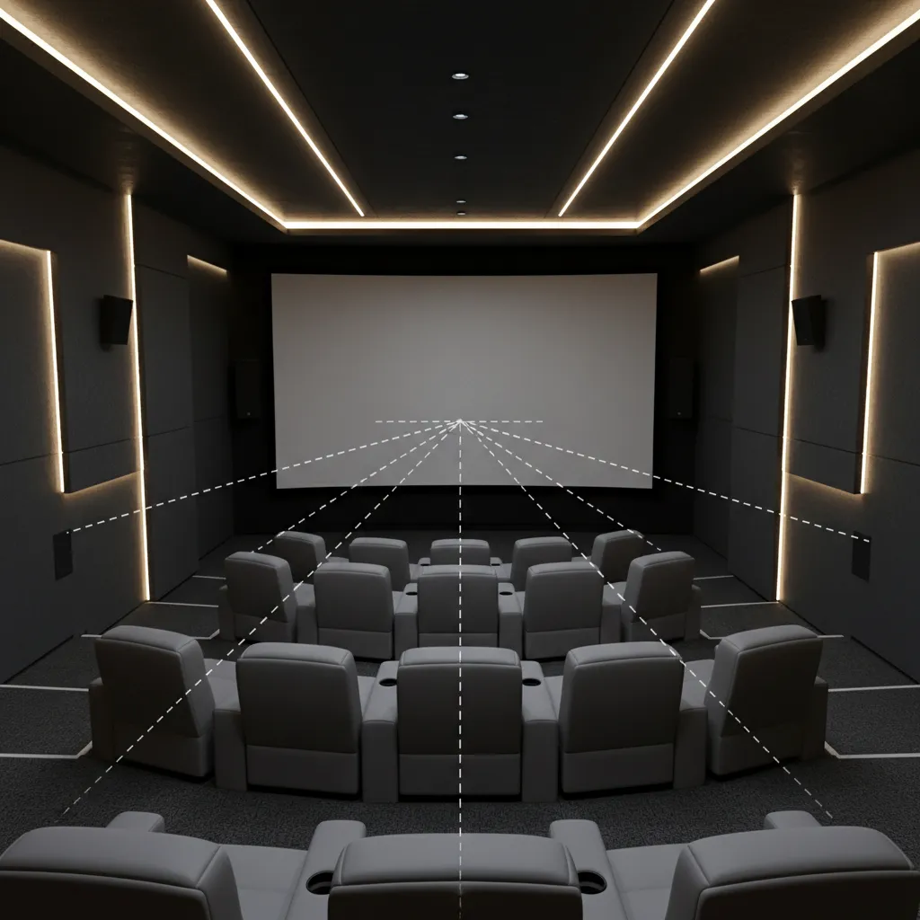 Home theater seating distance and viewing angle layout illustration