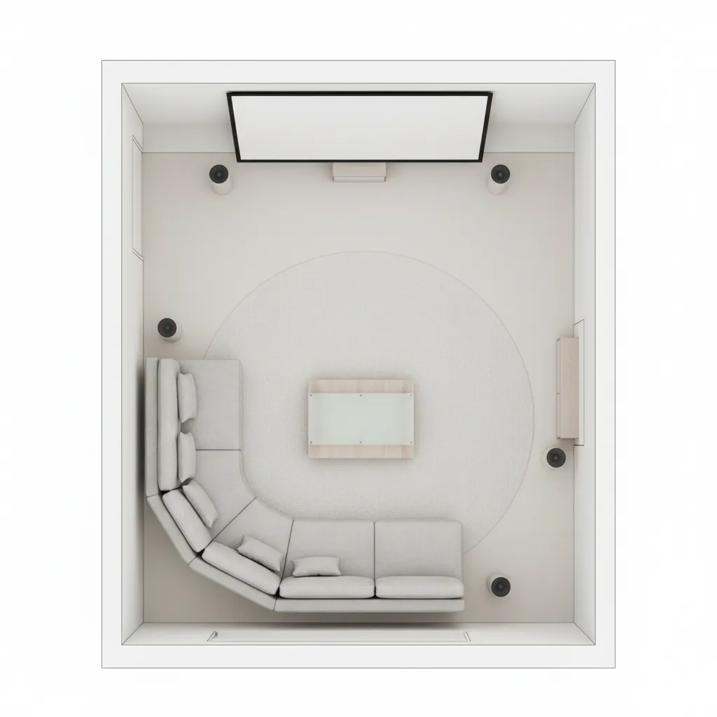 Home theater speaker placement diagram inside a rectangular room