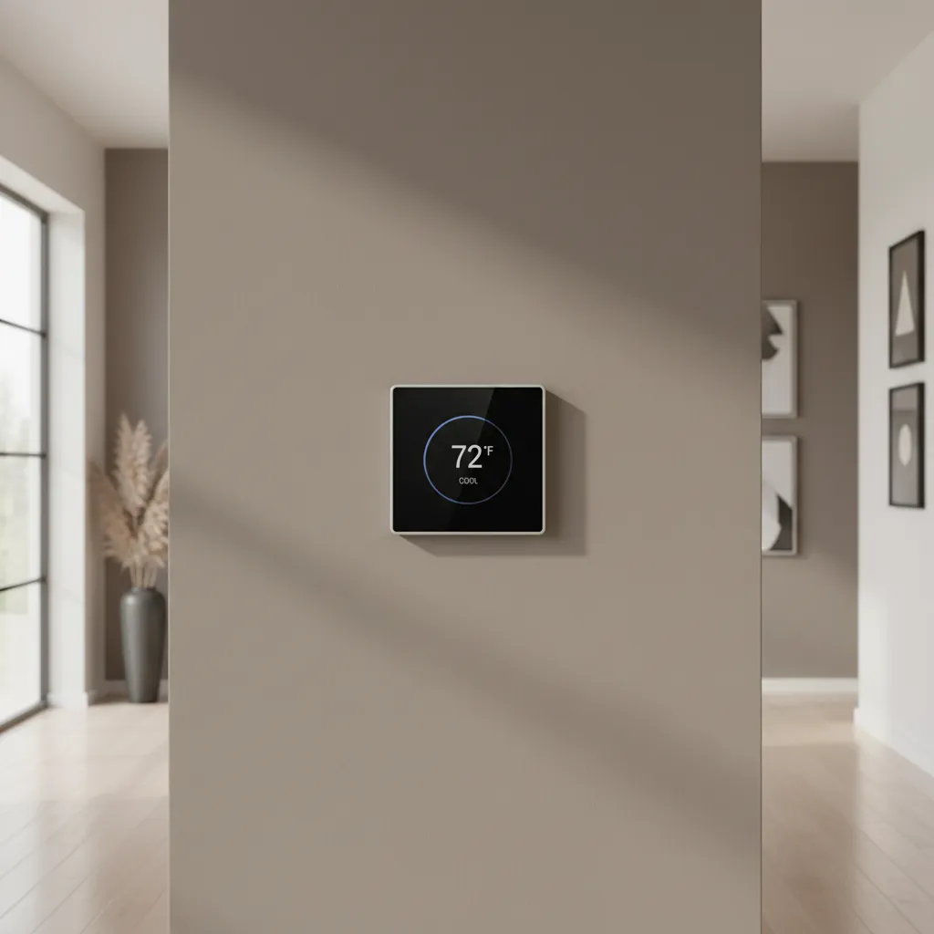 digital home thermostat mounted on interior wall