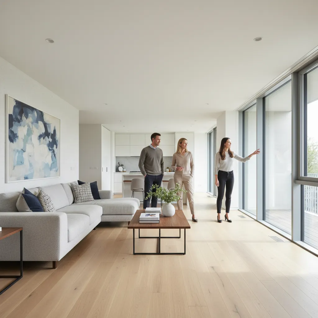 Home buyer standing in living room evaluating layout during house tour