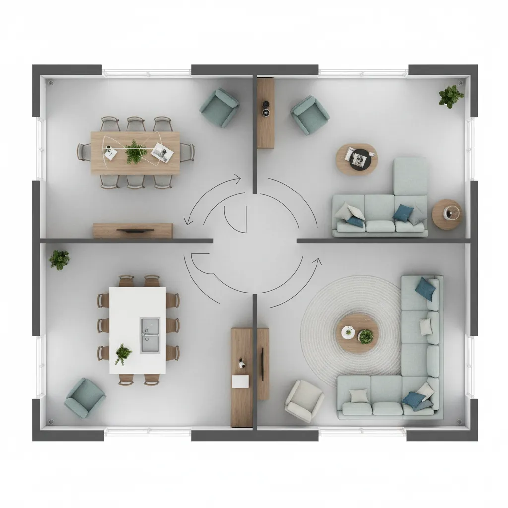 home interior layout diagram showing traffic flow paths between living spaces
