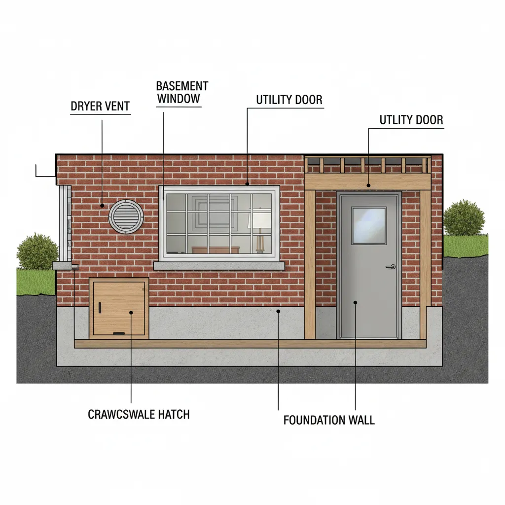 Diagram showing different house utility entry points such as windows doors and dryer vent areas